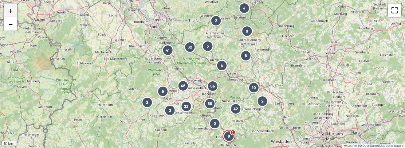 Echter Ausschnitt der Spot-it-Warnkarte mit regionalen Meldungsmarkern